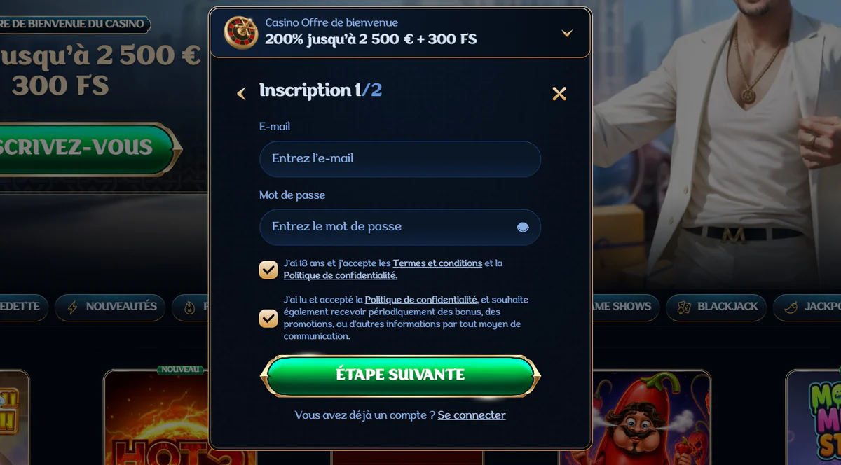 Millioner Casino formulaire d’inscription avec offre de bienvenue et champs e-mail et mot de passe